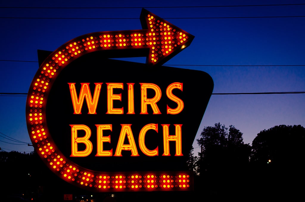 Weirs Beach, NH sign at night